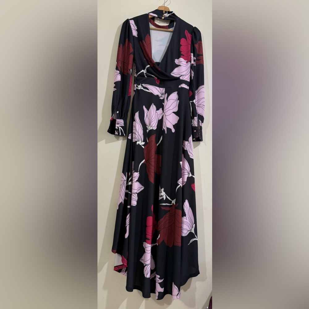 Karen Millen Black Wrap Maxi Dress with Pink & Burgundy Floral